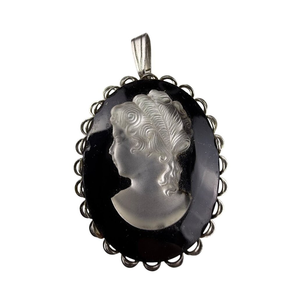 Vintage Unknown Womens Black Silver Tone Cameo Pendant Lady Profile Ornate Frame